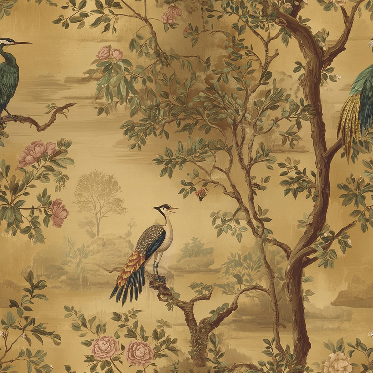Exotic Birds Wallpaper Vintage Chinoiserie Botanical Landscape