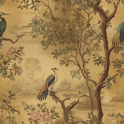 Exotic Birds Wallpaper Vintage Chinoiserie Botanical Landscape