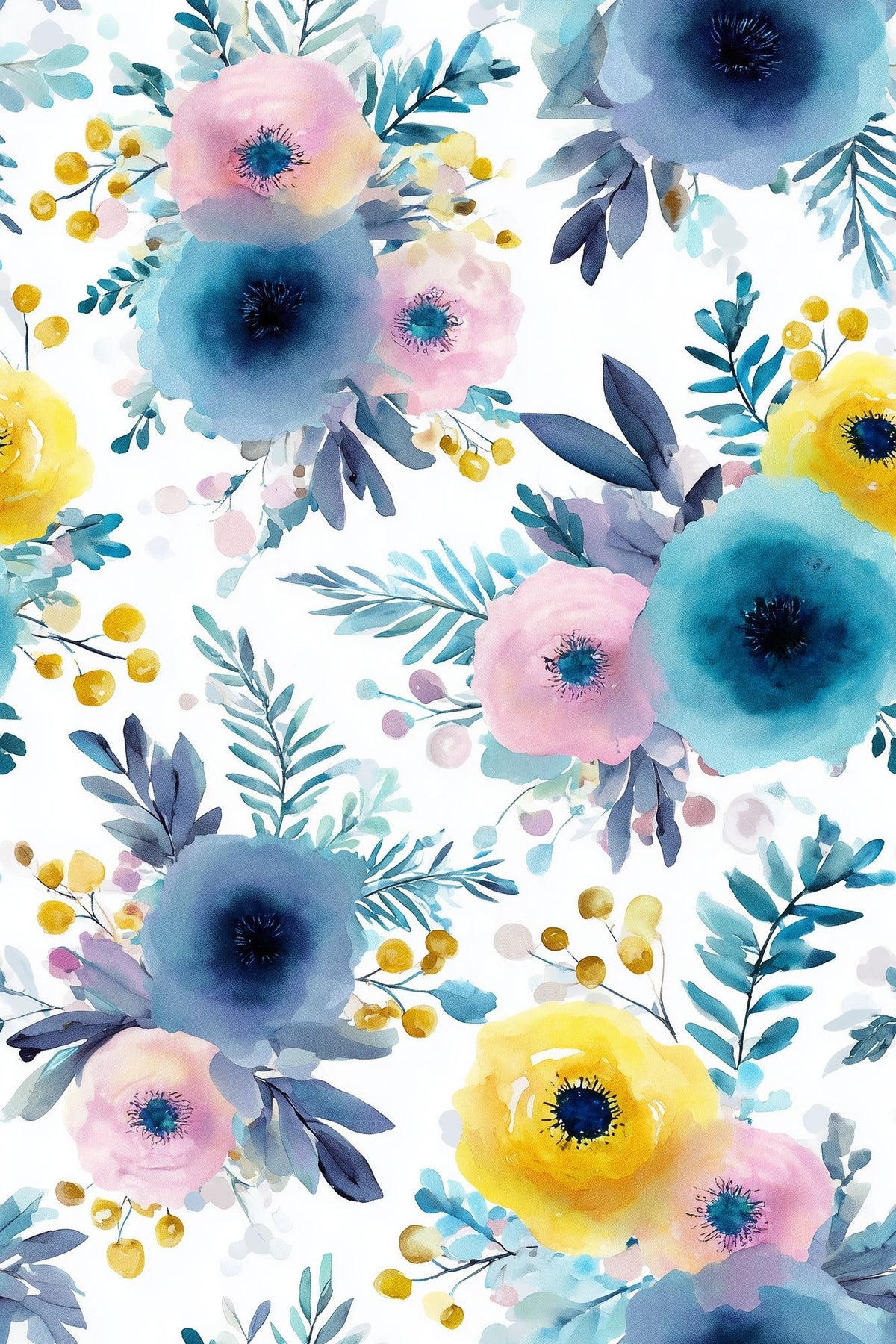 Blue Pink Watercolor Floral Wallpaper White Background