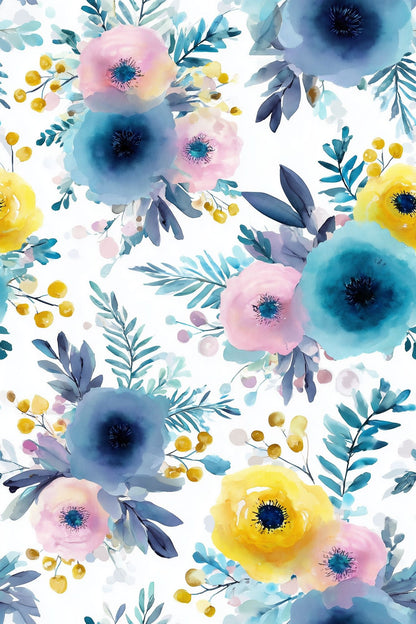 Blue Pink Watercolor Floral Wallpaper White Background