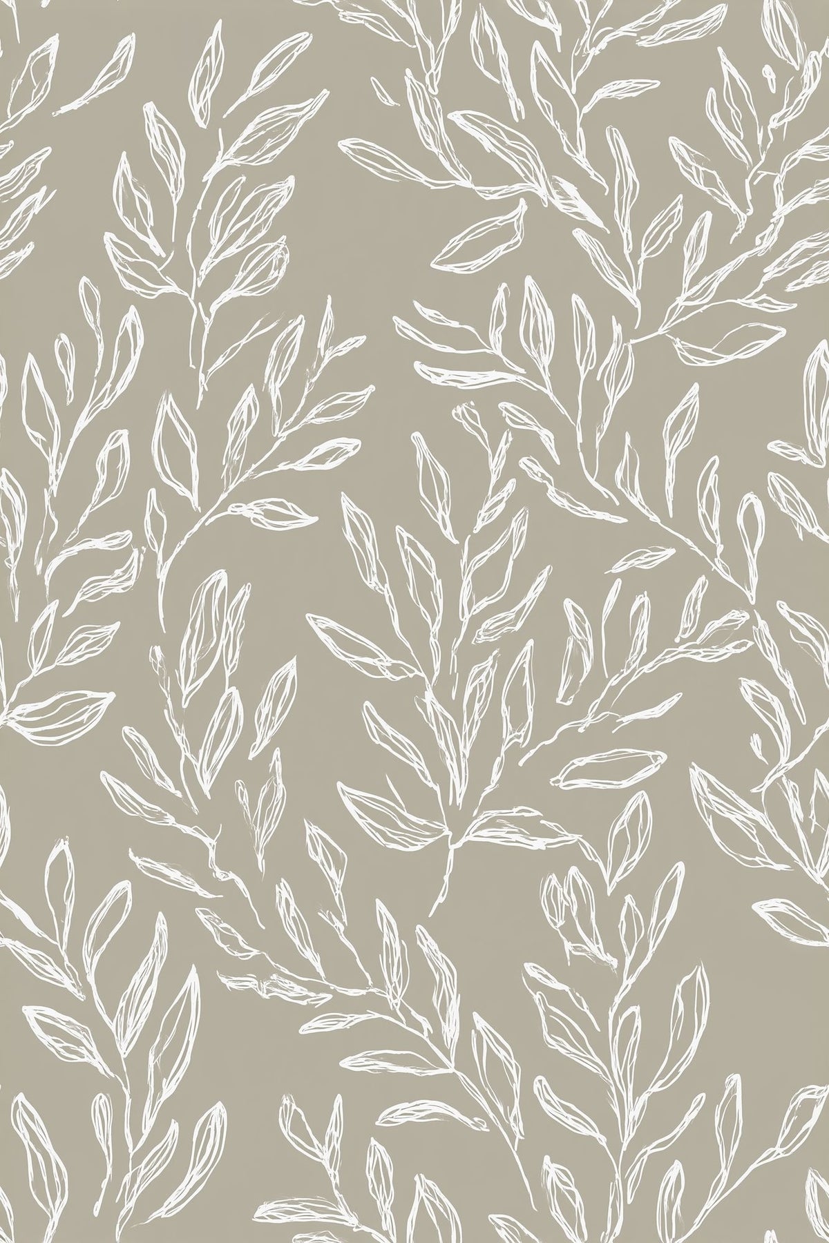 White Leafy Branches Wallpaper Taupe Gray Minimal Botanical Line Art