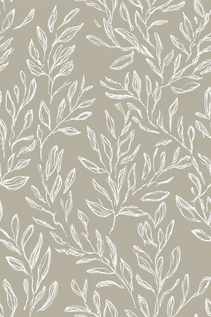 White Leafy Branches Wallpaper Taupe Gray Minimal Botanical Line Art