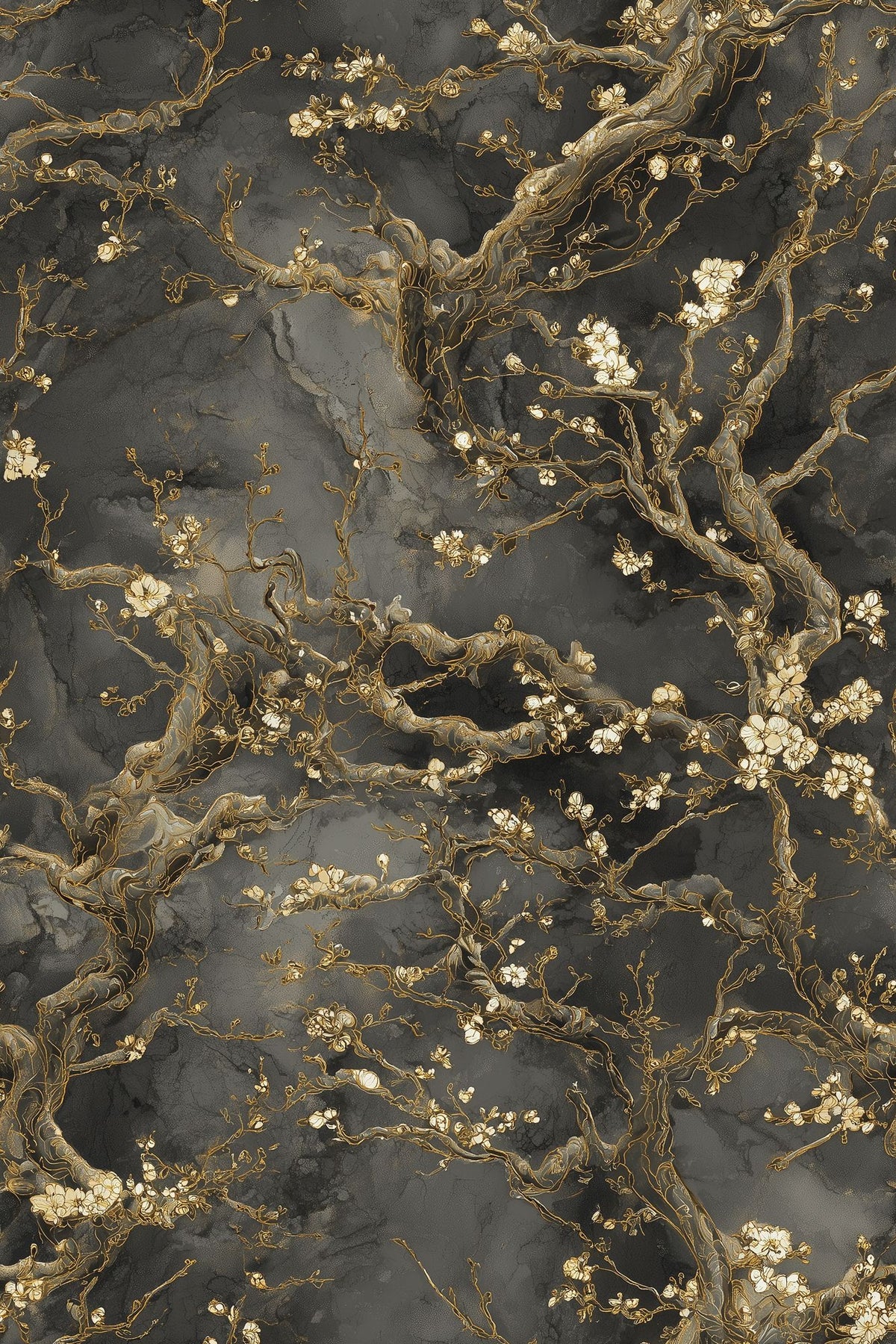 Cream Blossom Branches Wallpaper With Gold Outlined Twigs