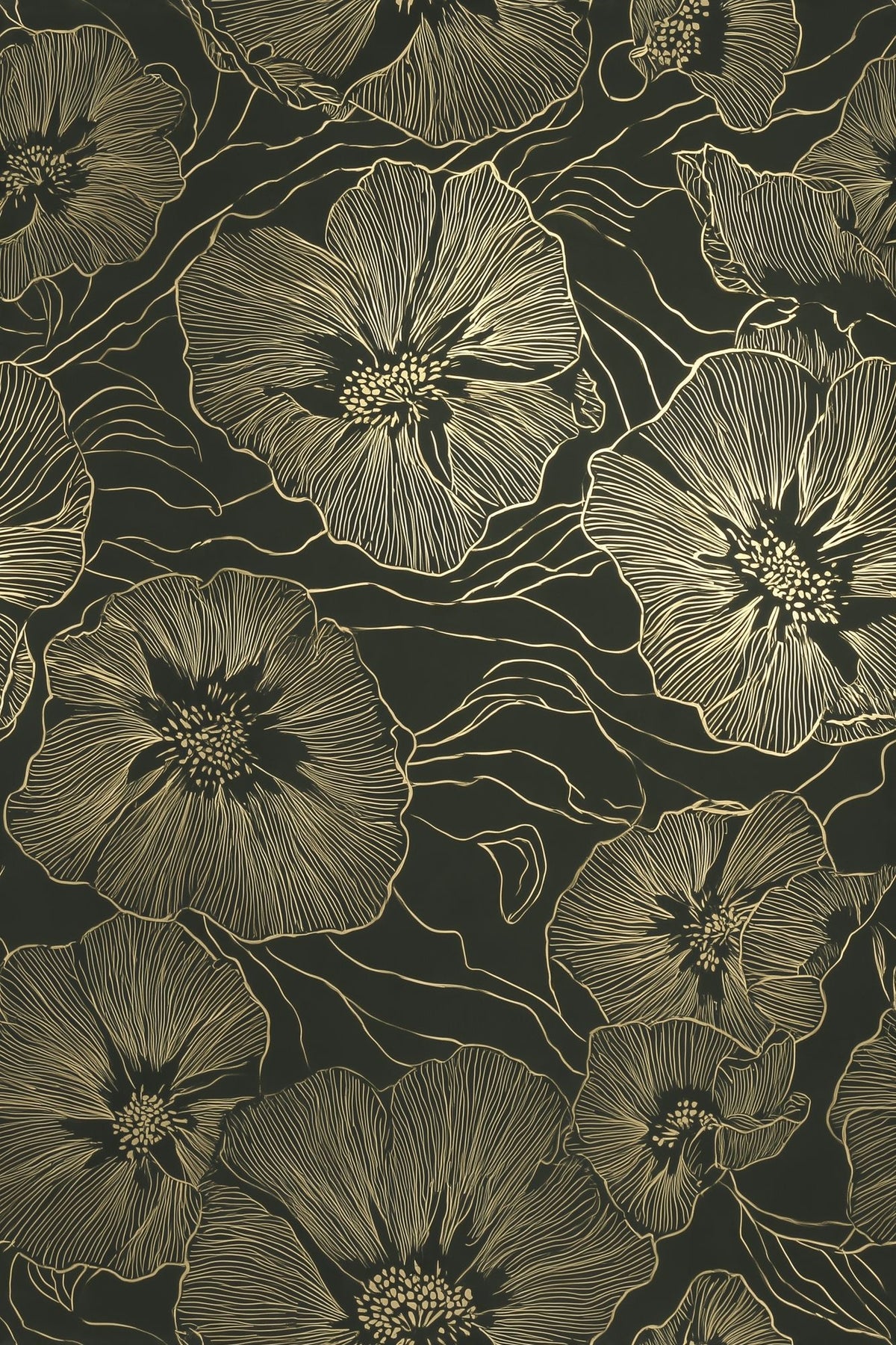 Large Floral Line Art Wallpaper Dark Green Gold
