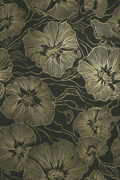 Large Floral Line Art Wallpaper Dark Green Gold