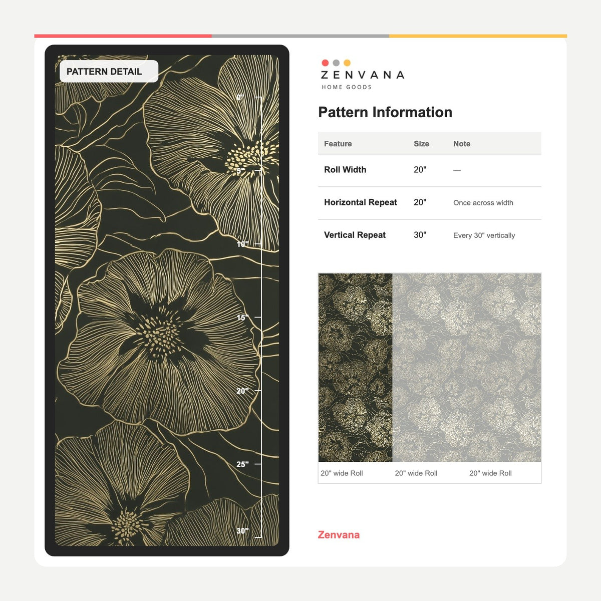 Large Floral Line Art Wallpaper Dark Green Gold