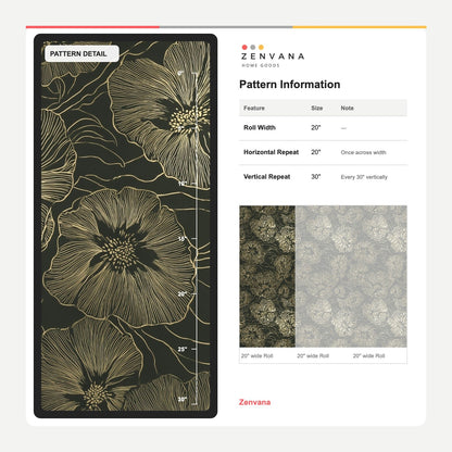 Large Floral Line Art Wallpaper Dark Green Gold