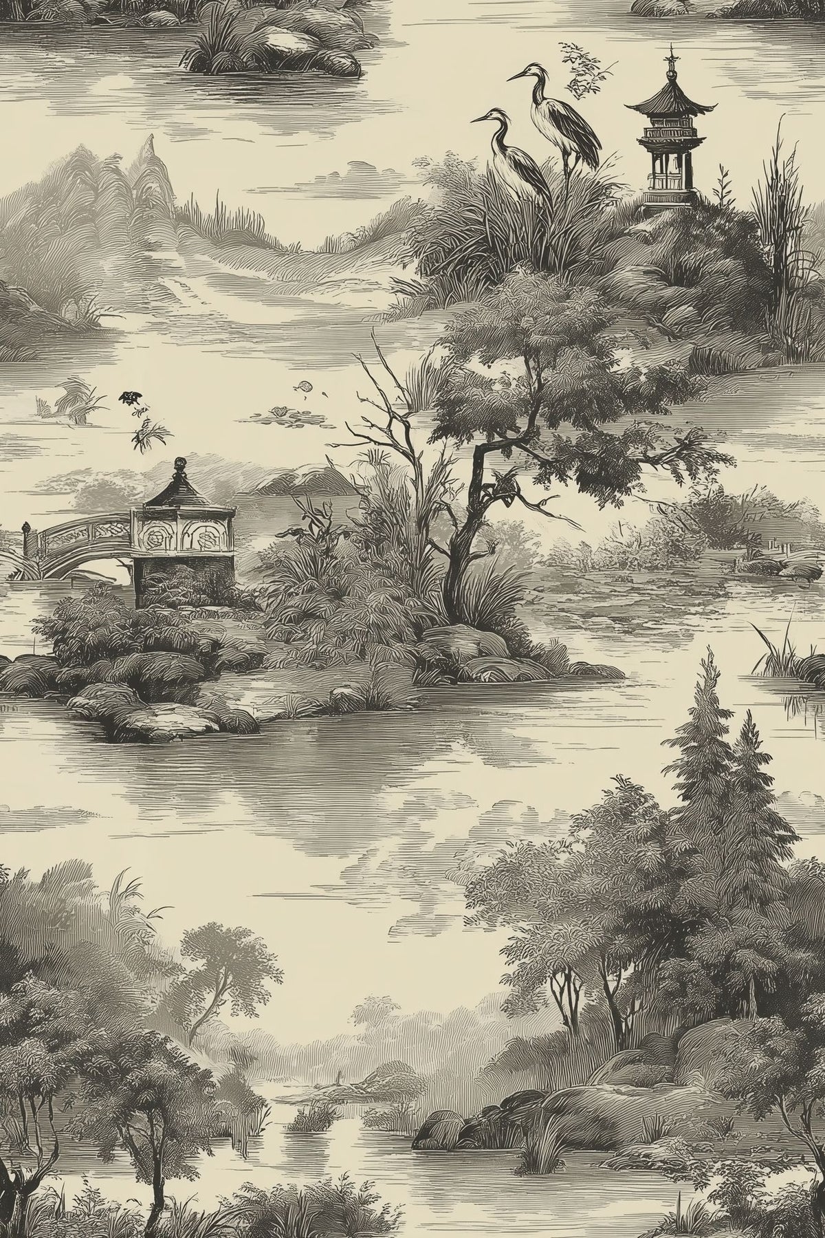 Pagoda Lake Landscape Wallpaper Ivory Vintage Toile