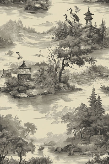 Pagoda Lake Landscape Wallpaper Ivory Vintage Toile