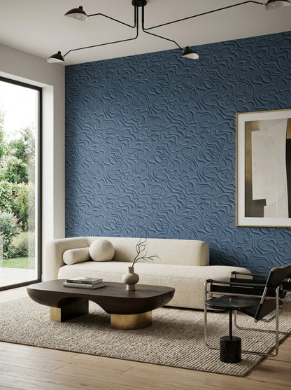 Curved Line Relief Wallpaper Blue Embossed Texture Pattern