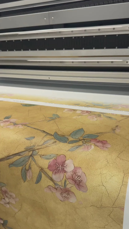 Chinoiserie Gold Leaf Wallpaper: Bird & Cherry Blossom Peel and Stick Mural