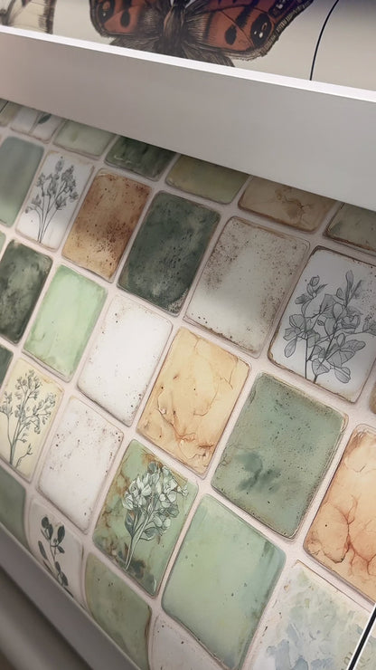 Green Mosaic Tile Wallpaper Botanical Square Pattern Rustic Ceramic Look Natural Wall Decor
